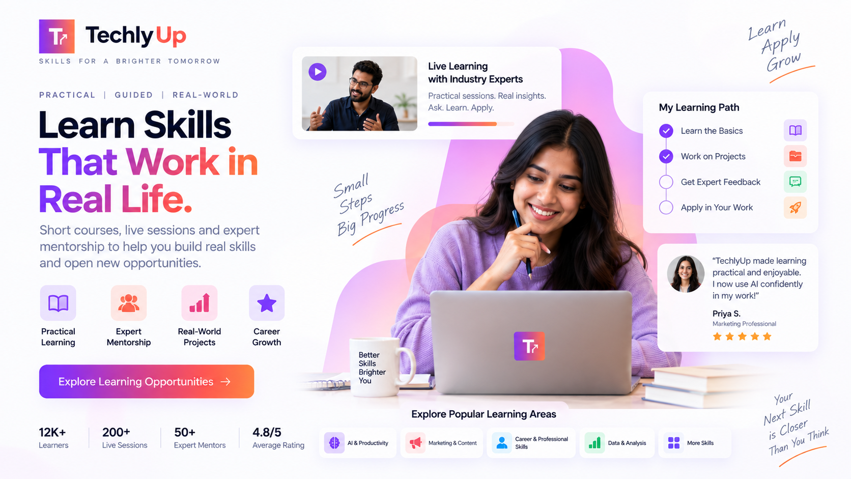 Learn Skills That Work in Real Life banner showing live learning with industry experts, a personalised learning path, and popular learning areas.