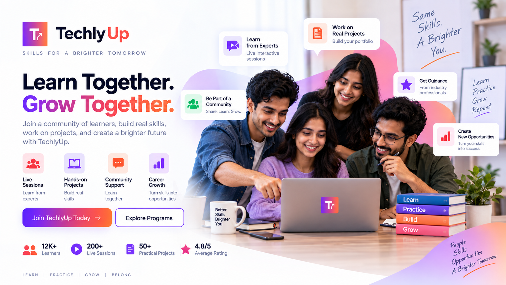Learn Together, Grow Together banner showing a group of learners collaborating around a laptop as part of the TechlyUp community.