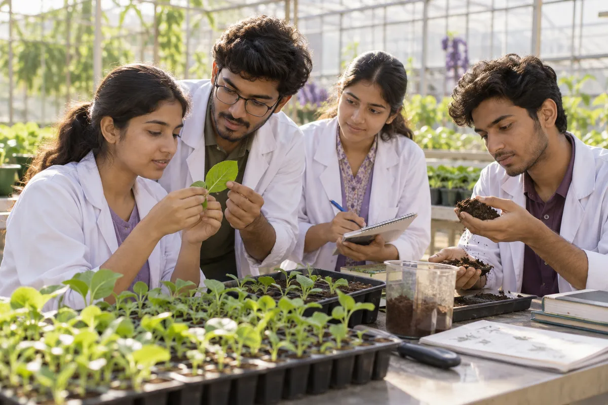 Illustrative agriculture students examining crops, seedlings and soil in a greenhouse
