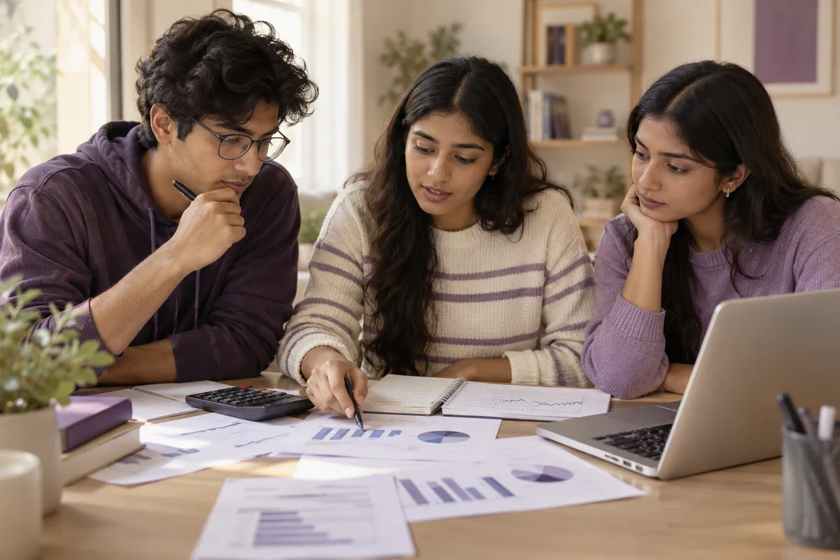 Illustrative commerce students studying accounts, financial charts and a calculator