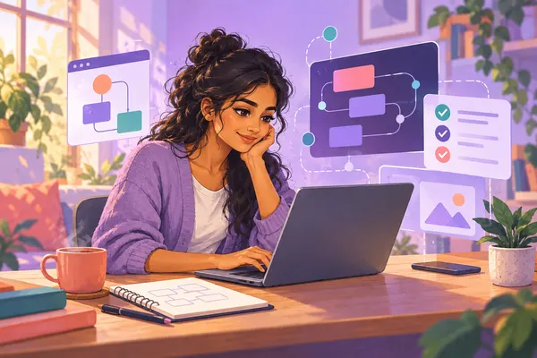 Illustration of a developer building and reviewing a project on a laptop