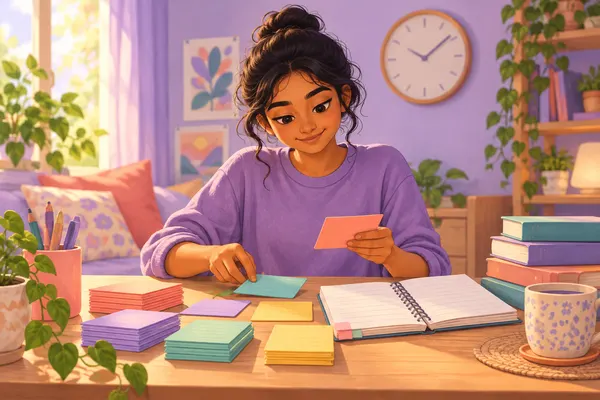 Illustration of a student organizing study cards and books