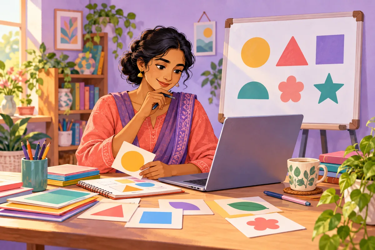 Illustration of a teacher preparing a lesson with digital tools and activity cards