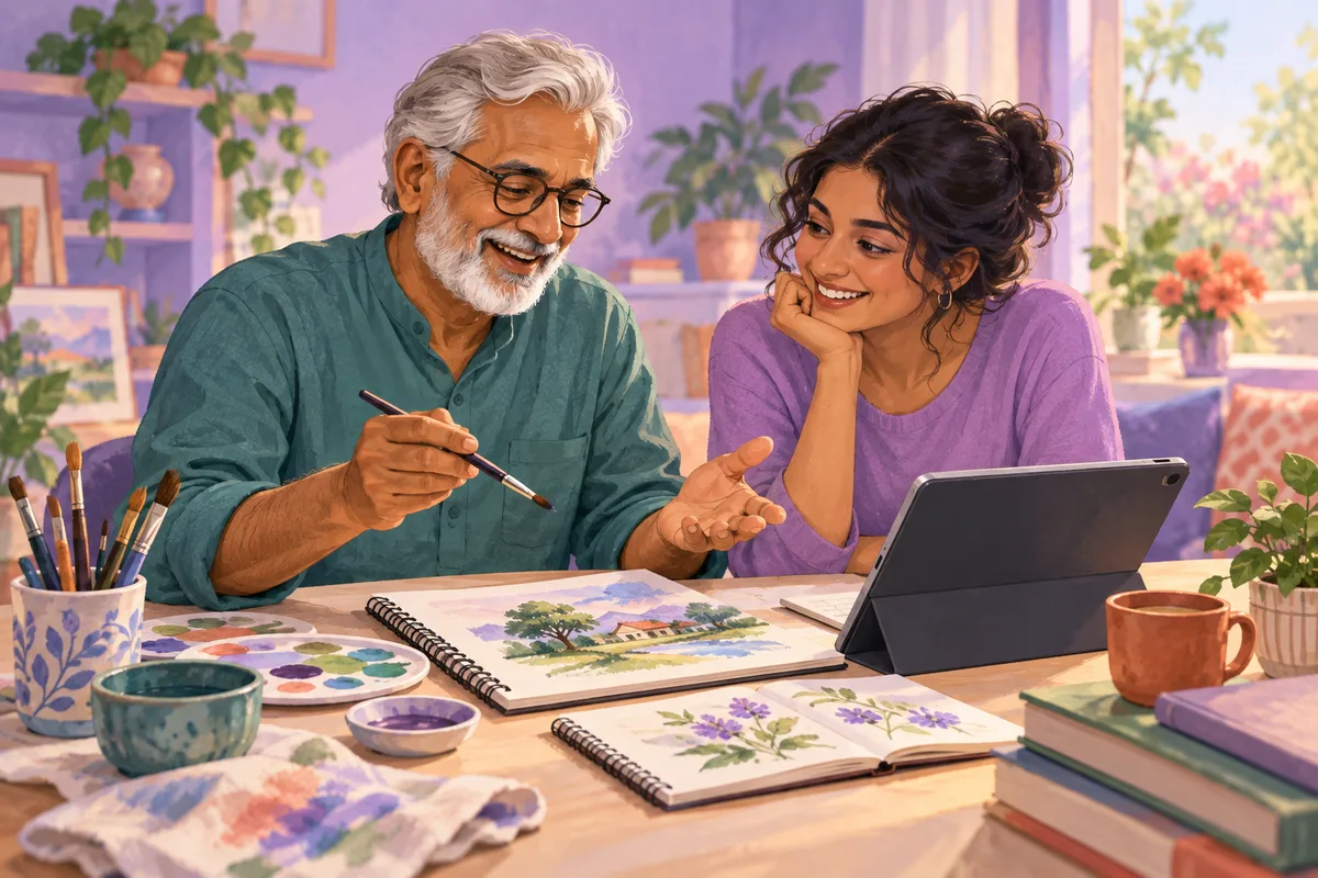 Illustration of an older learner sharing a creative hobby project