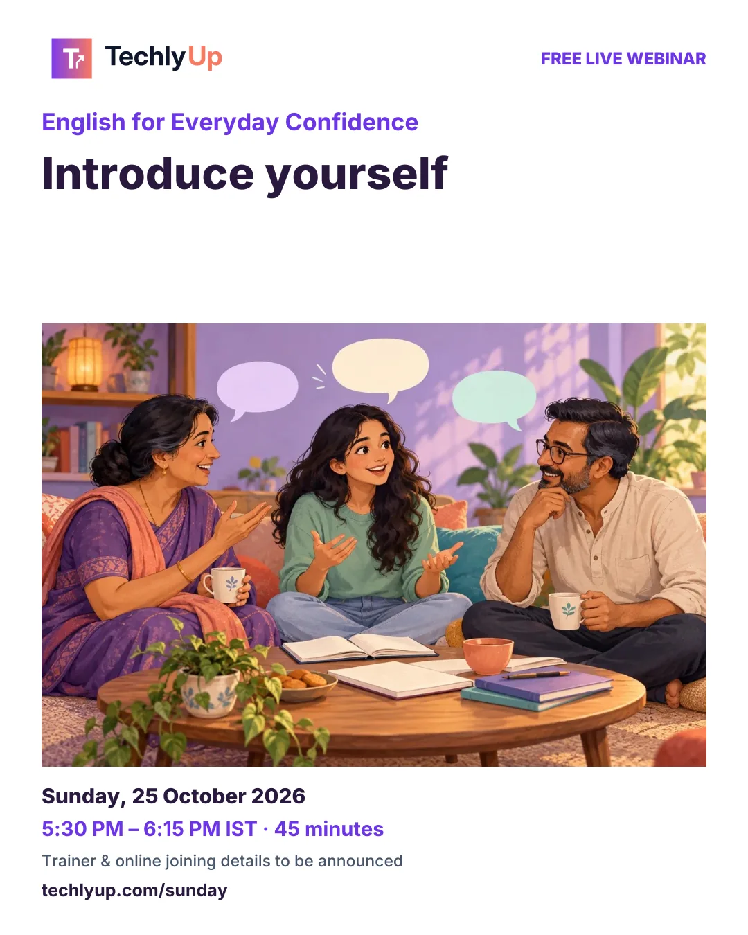English for Everyday Confidence: Introduce yourself — social-media workshop poster