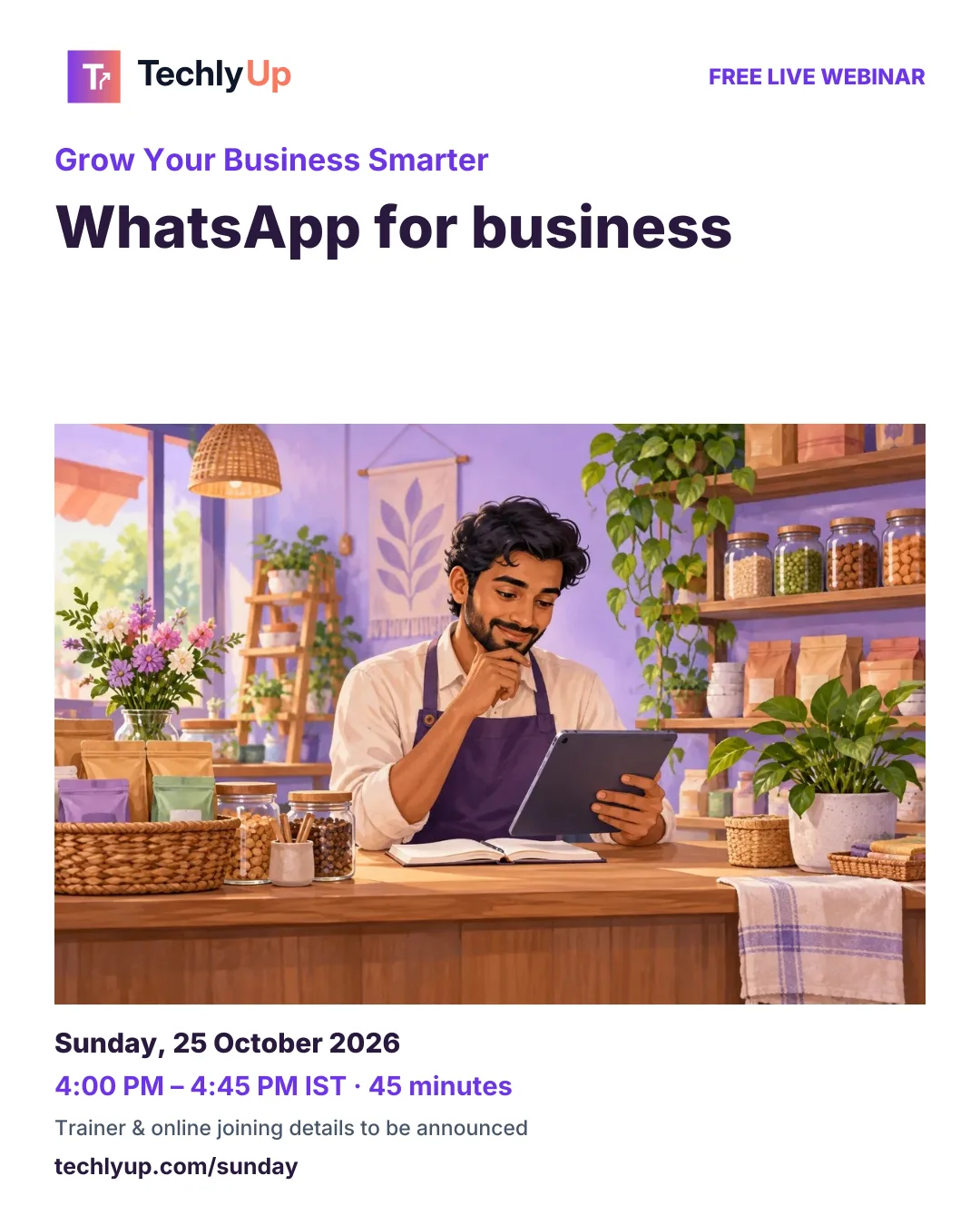 Grow Your Business Smarter: WhatsApp for business — social-media workshop poster