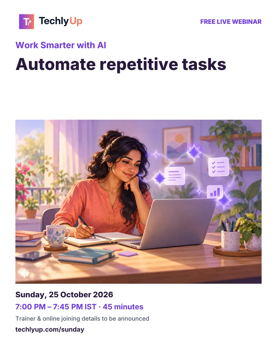 Work Smarter with AI: Automate repetitive tasks — social-media workshop poster