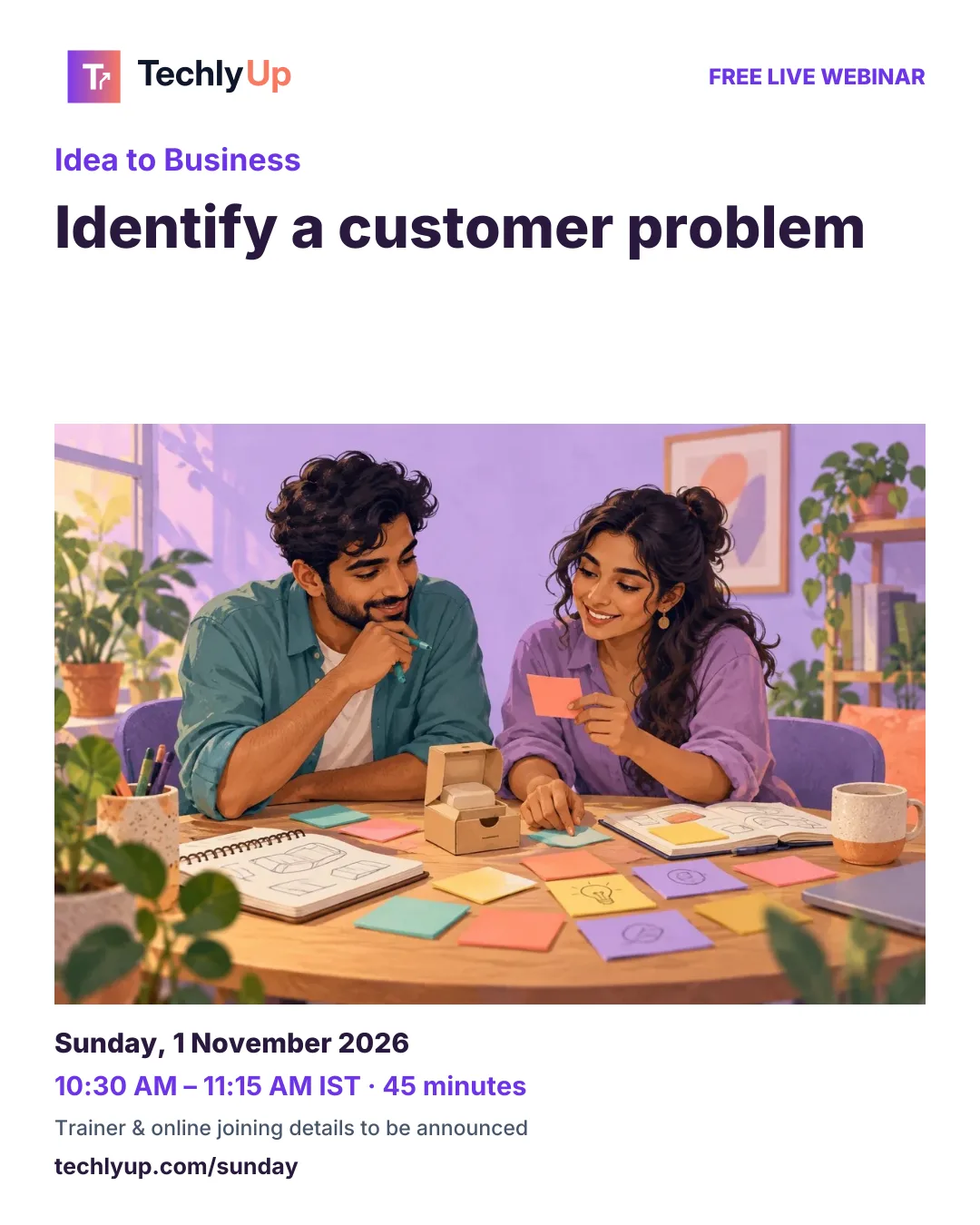 Idea to Business: Identify a customer problem — social-media workshop poster